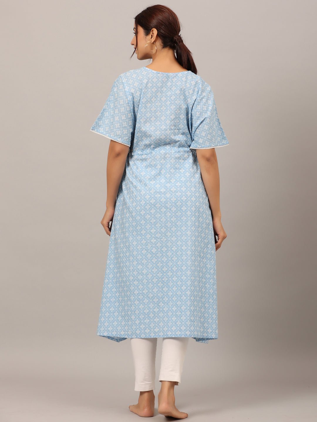 Patterned Bandhej Blue Maternity & Nursing Kaftan kurta