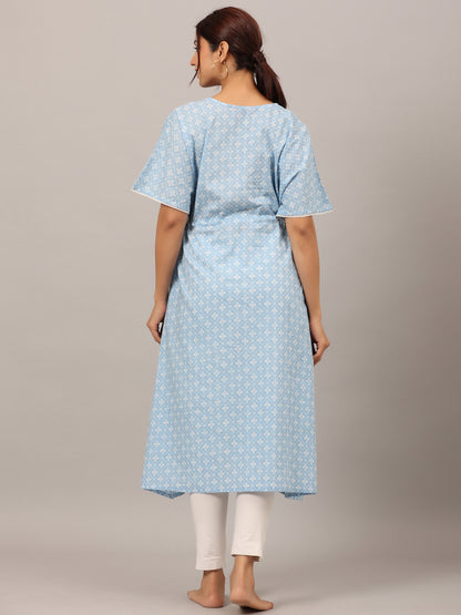 Patterned Bandhej Blue Maternity & Nursing Kaftan kurta