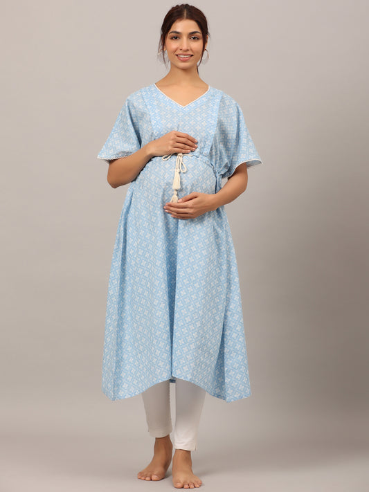 Patterned Bandhej Blue Maternity & Nursing Kaftan kurta