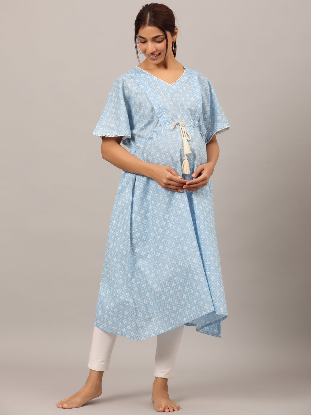 Patterned Bandhej Blue Maternity & Nursing Kaftan kurta
