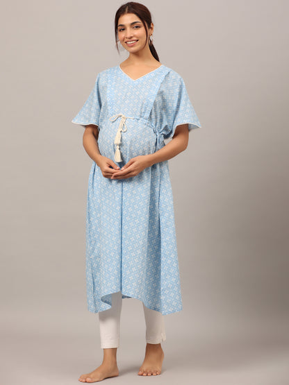Patterned Bandhej Blue Maternity & Nursing Kaftan kurta