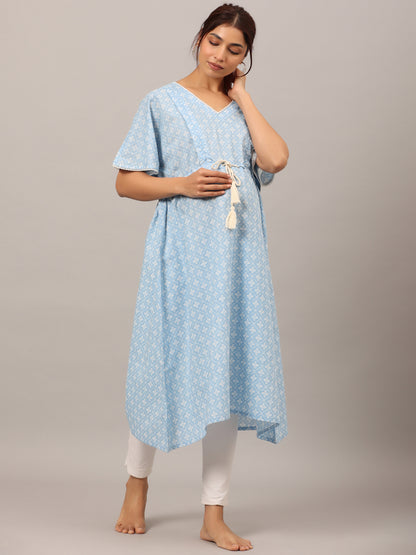 Patterned Bandhej Blue Maternity & Nursing Kaftan kurta