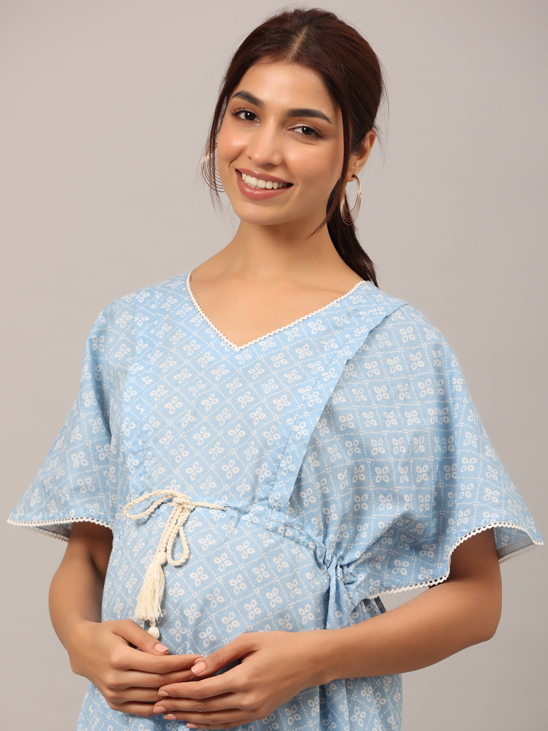 Patterned Bandhej Blue Maternity & Nursing Kaftan kurta