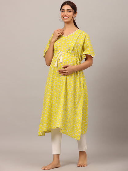 Mushrooms On Yellow Maternity & Nursing Kaftan Kurta