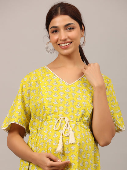 Mushrooms On Yellow Maternity & Nursing Kaftan Kurta