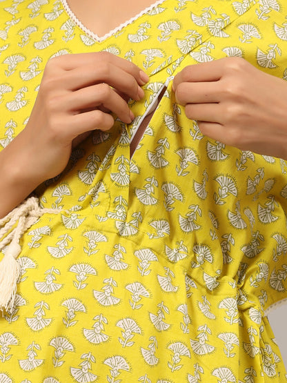 Mushrooms On Yellow Maternity & Nursing Kaftan Kurta