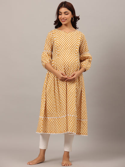 Minimalist Motif On Yellow Maternity & Nursing Kurta
