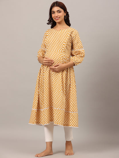 Minimalist Motif On Yellow Maternity & Nursing Kurta