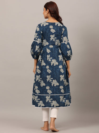 Bagru Florals On Blue Maternity & Nursing Kurta