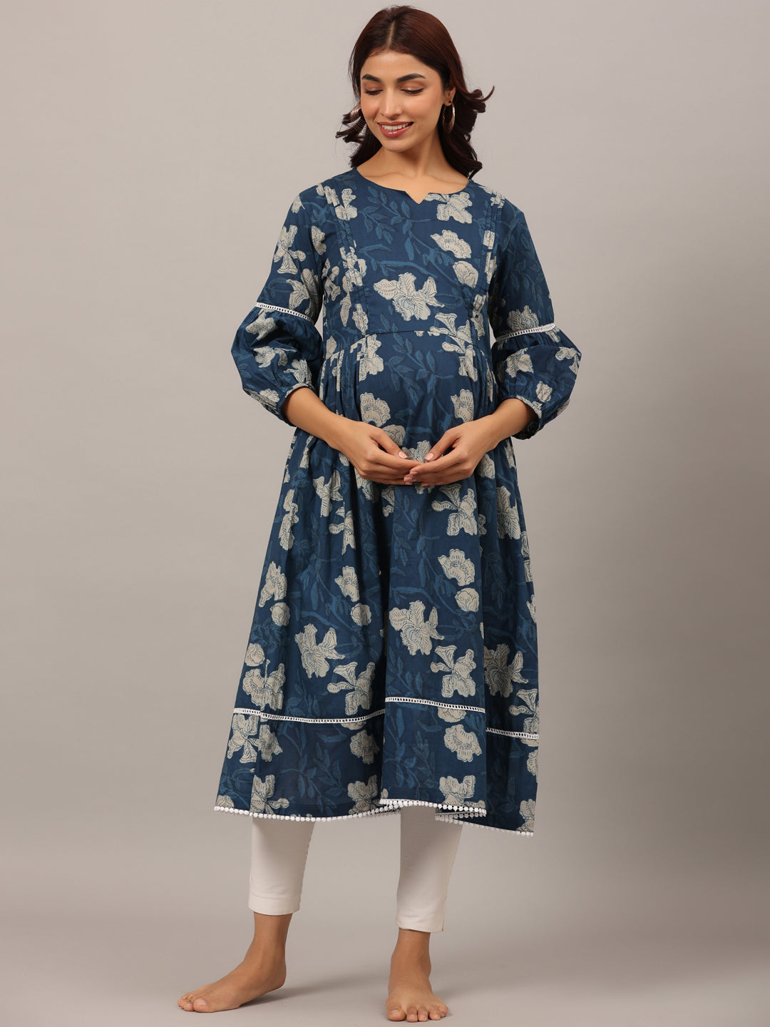 Bagru Florals On Blue Maternity & Nursing Kurta
