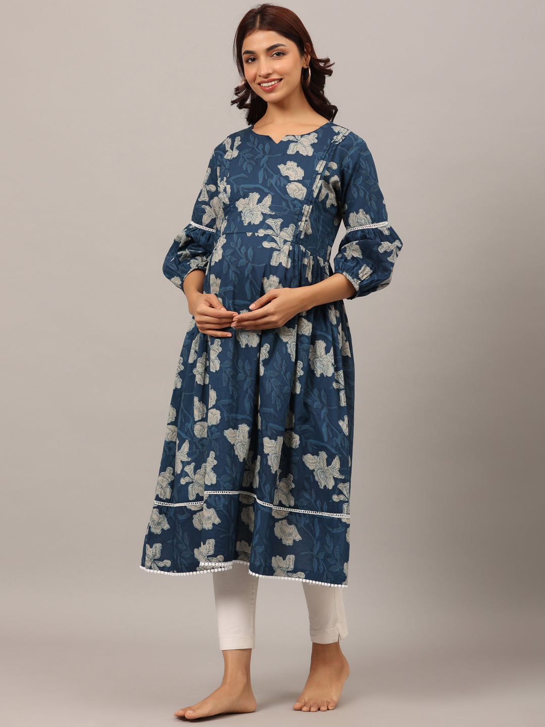 Bagru Florals On Blue Maternity & Nursing Kurta