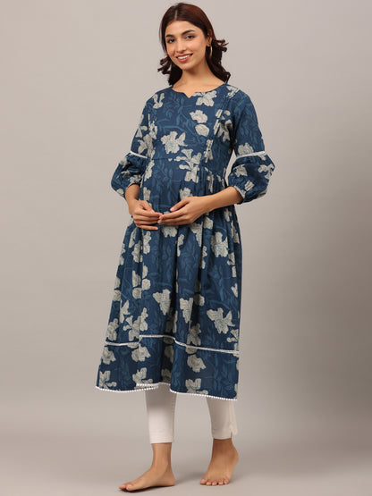 Bagru Florals On Blue Maternity & Nursing Kurta
