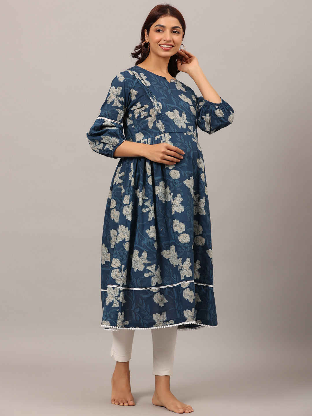 Bagru Florals On Blue Maternity & Nursing Kurta