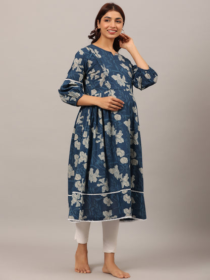 Bagru Florals On Blue Maternity & Nursing Kurta