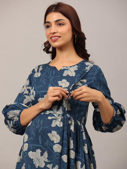 Bagru Florals On Blue Maternity & Nursing Kurta