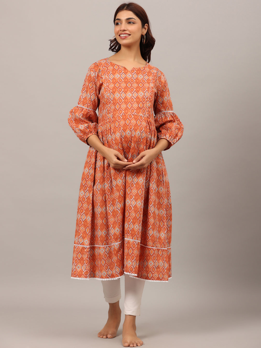 Playful Mosaic On Orange Maternity & Nursing Kurta
