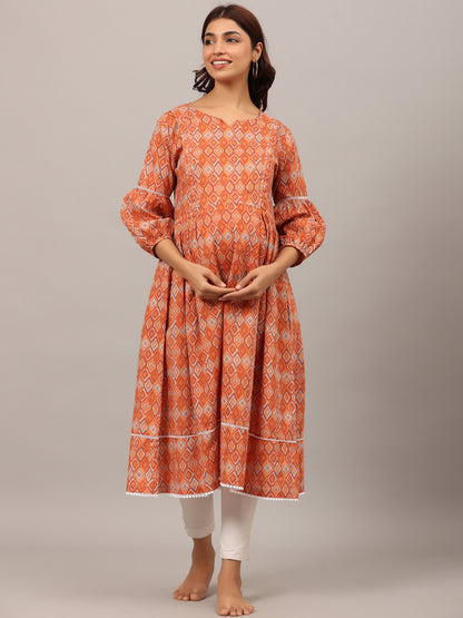 Playful Mosaic On Orange Maternity & Nursing Kurta