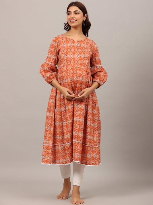 Playful Mosaic On Orange Maternity & Nursing Kurta