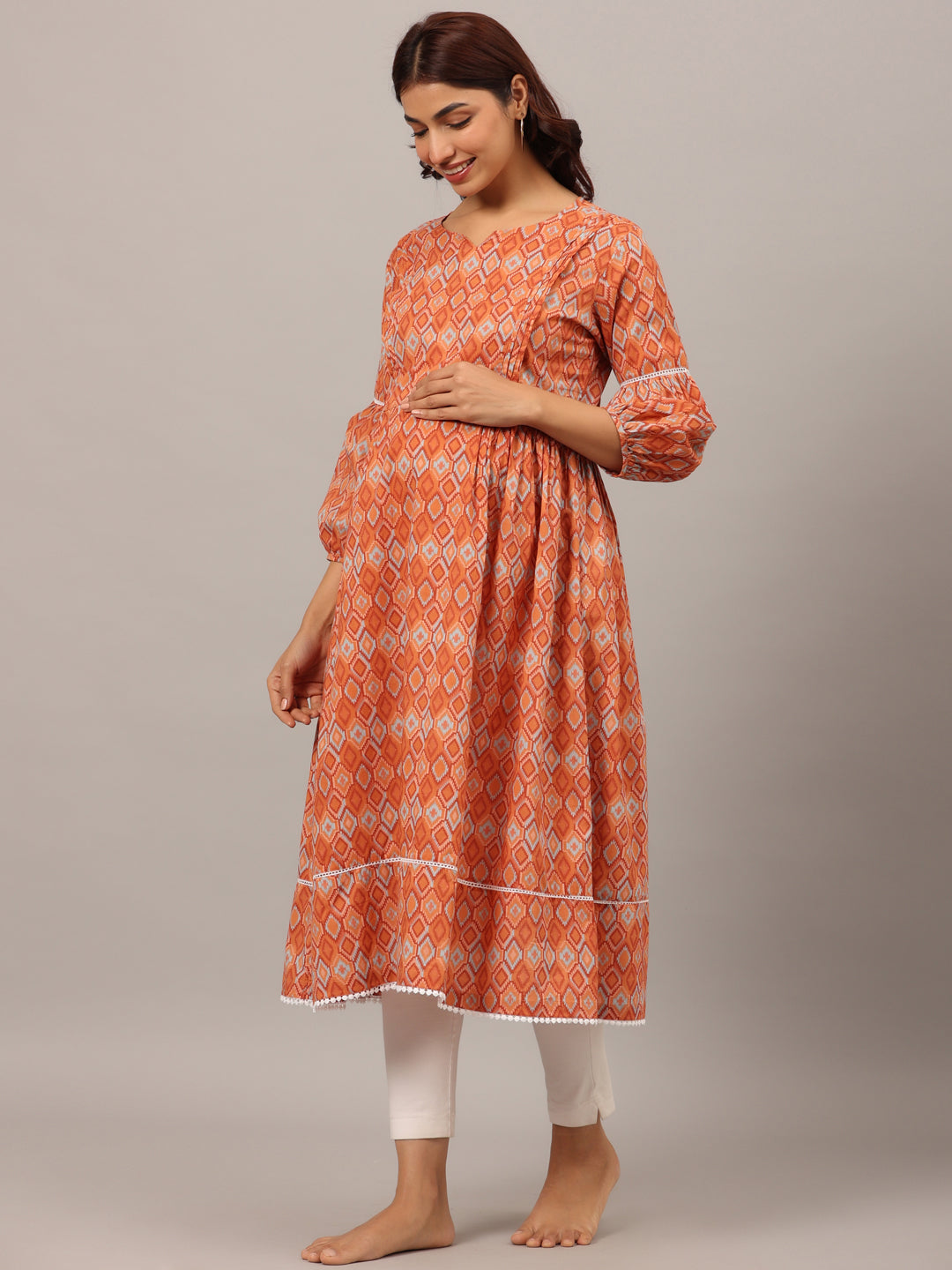 Playful Mosaic On Orange Maternity & Nursing Kurta