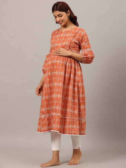 Playful Mosaic On Orange Maternity & Nursing Kurta