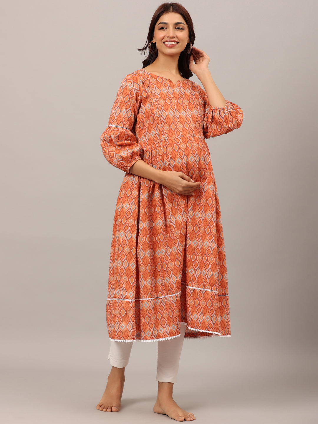 Playful Mosaic On Orange Maternity & Nursing Kurta