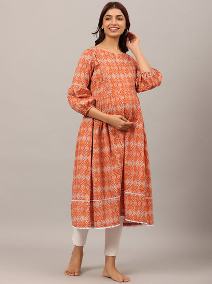 Playful Mosaic On Orange Maternity & Nursing Kurta