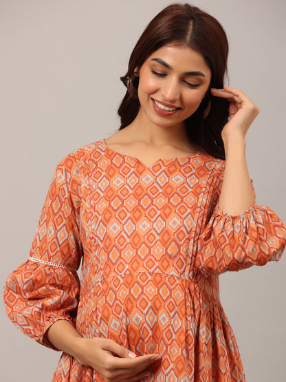 Playful Mosaic On Orange Maternity & Nursing Kurta