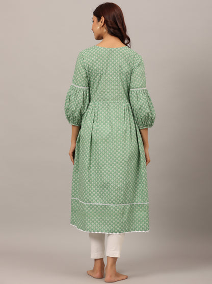 Minimalist Motif On Green Maternity & Nursing Kurta