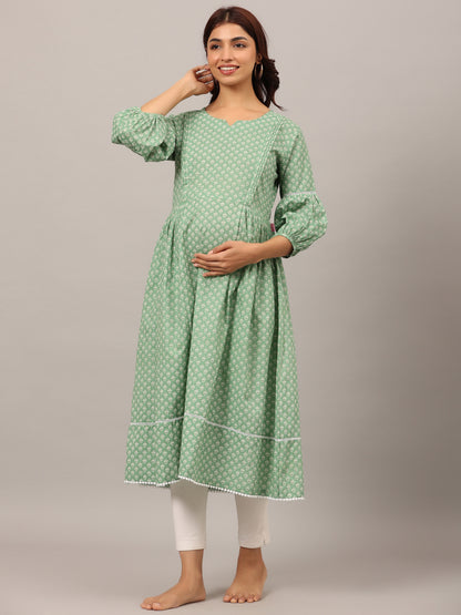 Minimalist Motif On Green Maternity & Nursing Kurta