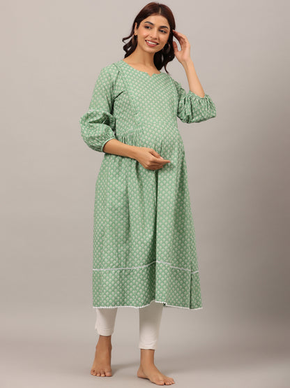 Minimalist Motif On Green Maternity & Nursing Kurta