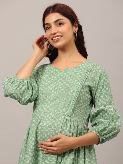 Minimalist Motif On Green Maternity & Nursing Kurta