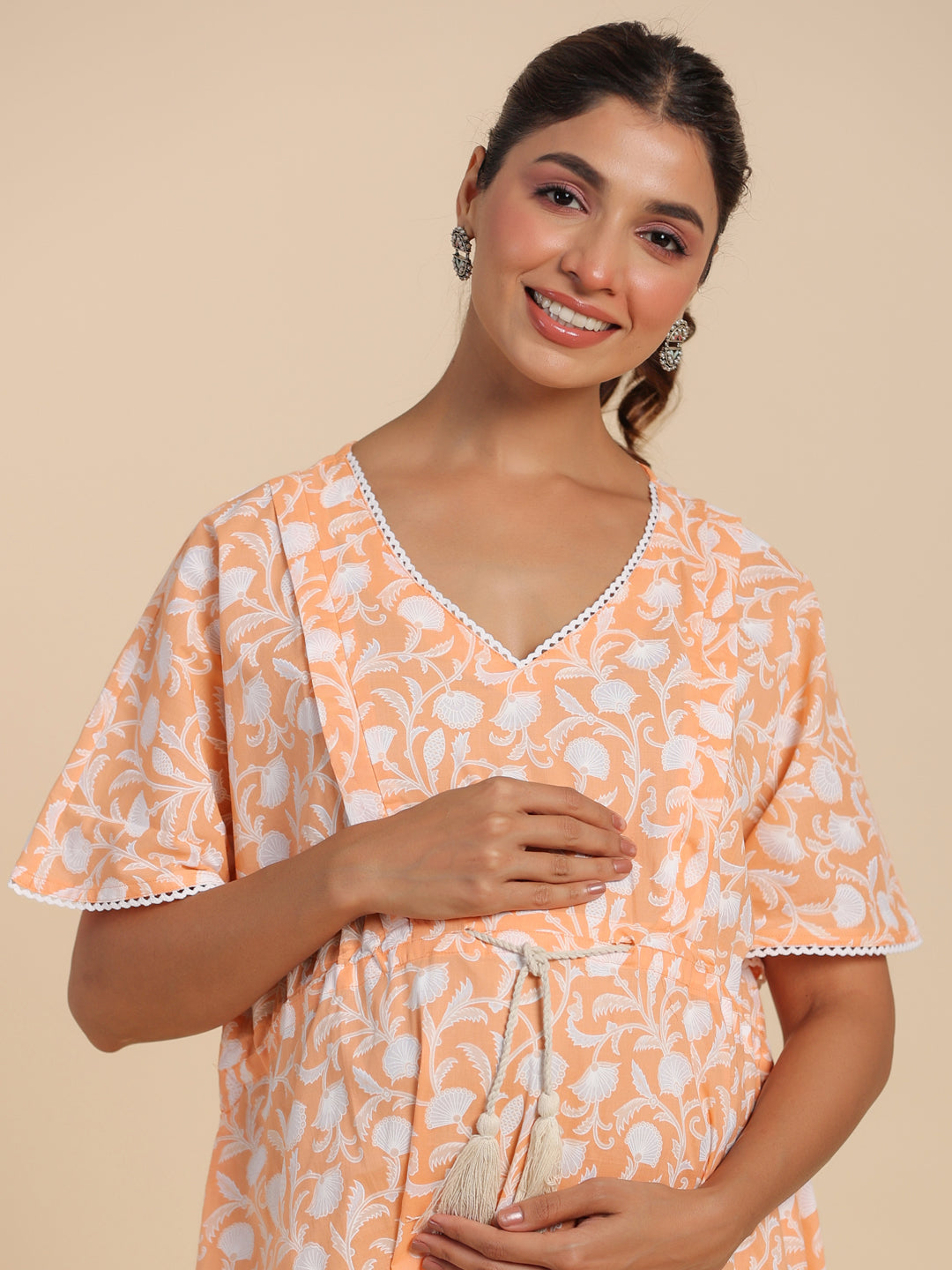 Peachy Floral Harmony Maternity & Nursing Kaftan Kurta