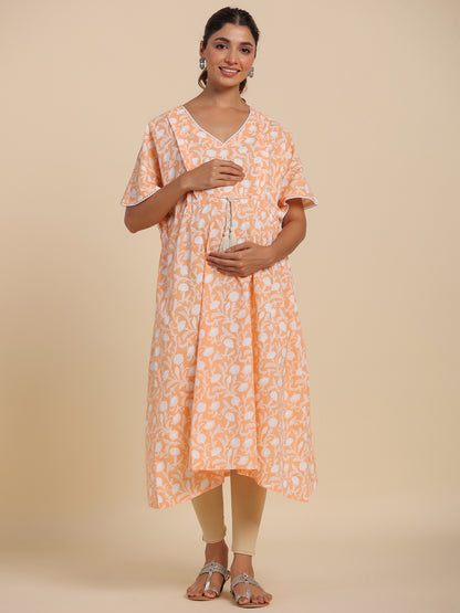 Peachy Floral Harmony Maternity & Nursing Kaftan Kurta