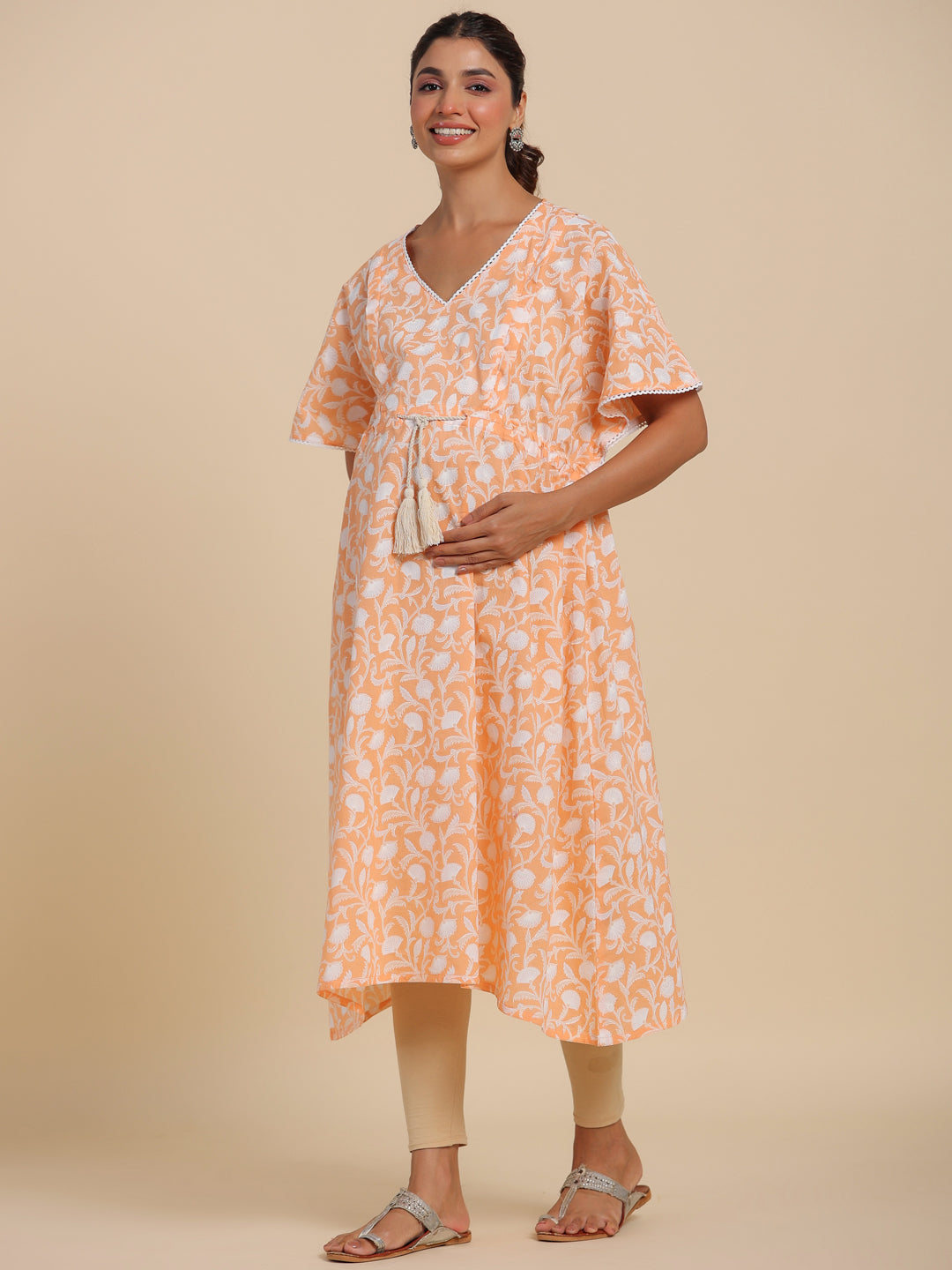 Peachy Floral Harmony Maternity & Nursing Kaftan Kurta