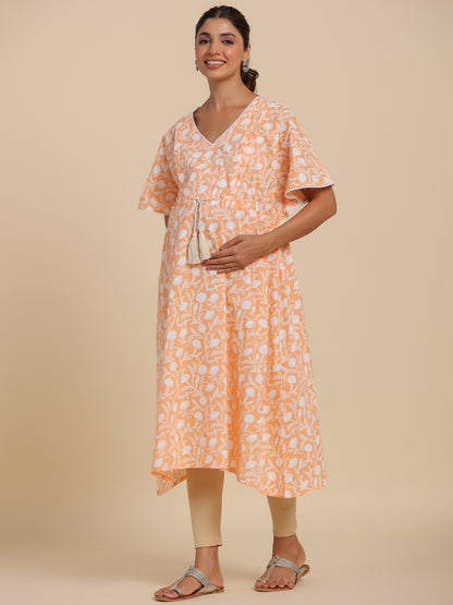 Peachy Floral Harmony Maternity & Nursing Kaftan Kurta