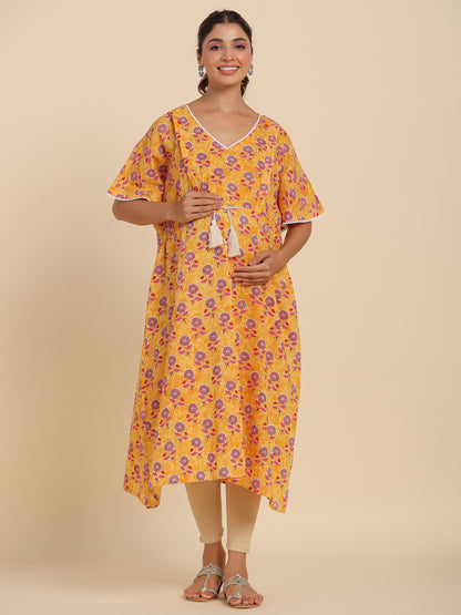 Vibrant Sunflower Maternity & Nursing Kaftan Kurta