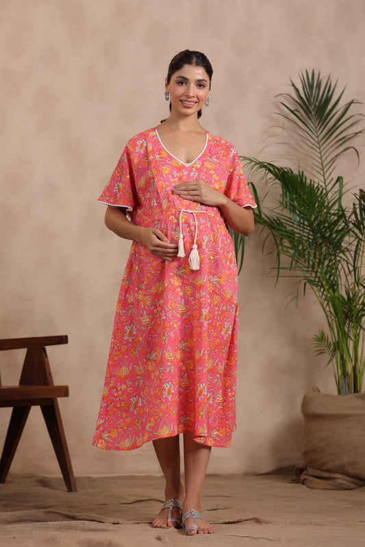 Crimson Garden Maternity & Nursing Kaftan Dress