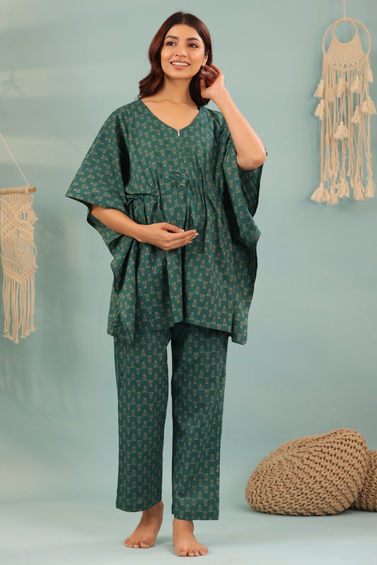 Ethnic Motifs On Green Maternity & Nursing Co-ord