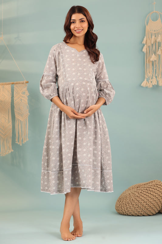 Dusk Bloom Grey Maternity & Nursing Dress