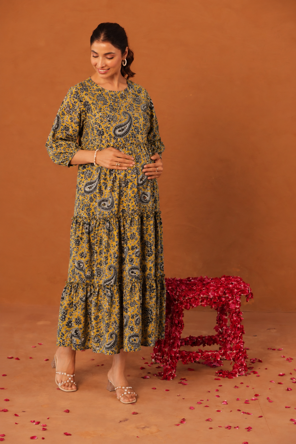 Mustard Baroque Bloom Maternity & Nursing Tier Dress