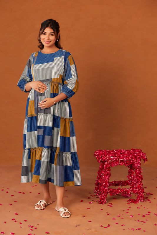 Indigo Block Maternity & Nursing Tier Dress