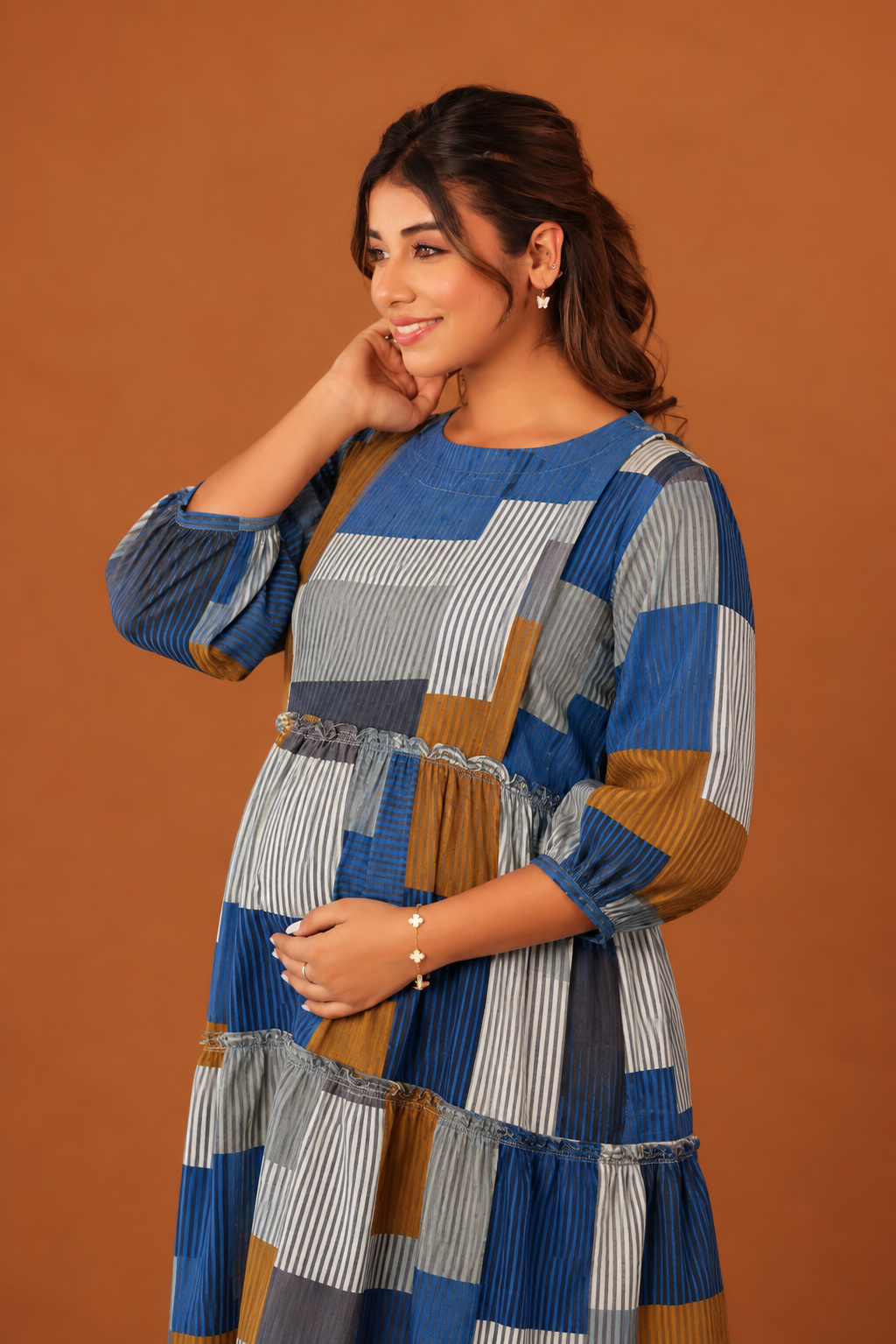 Indigo Block Maternity & Nursing Tier Dress