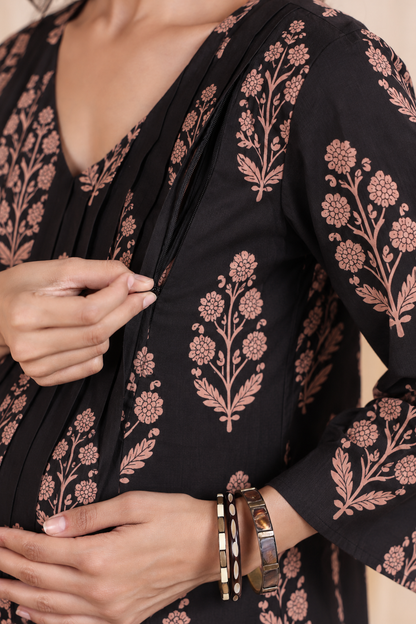 Gulmohar Black Maternity & Nursing Kurta Pant Set