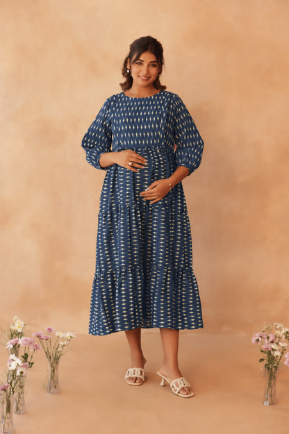 Indigo Ikkat Trail Maternity & Nursing Tier Dress