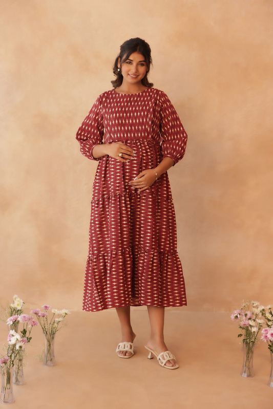 Crimson Ikkat Trail Maternity & Nursing Tier Dress