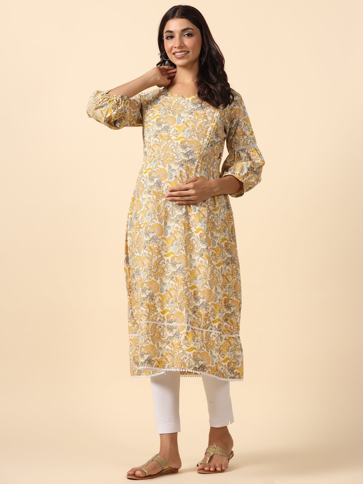 Floral Duality Yellow Maternity & Nursing Kurta