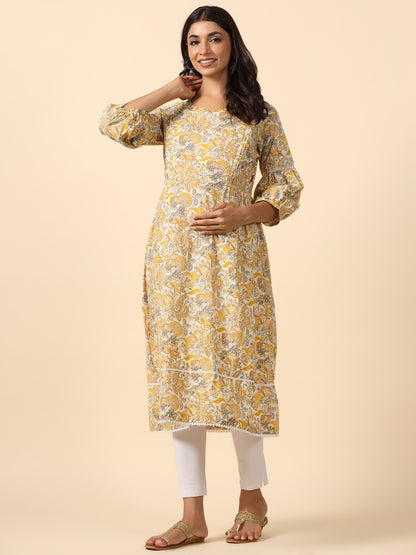 Floral Duality Yellow Maternity & Nursing Kurta