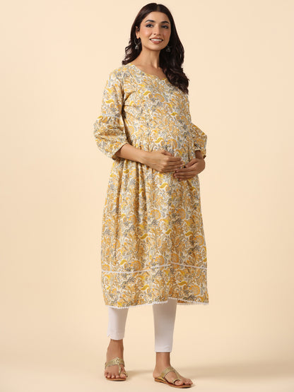 Floral Duality Yellow Maternity & Nursing Kurta