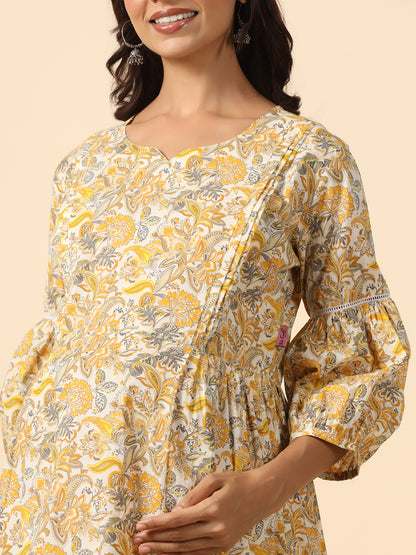Floral Duality Yellow Maternity & Nursing Kurta