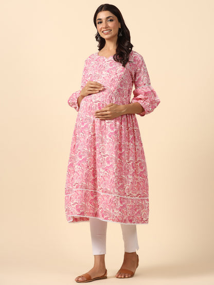 Floral Duality Pink Maternity & Nursing Kurta